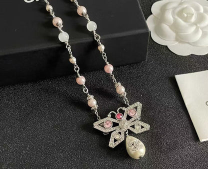 [Veyra Jewelry] Bow & Pearl Double C Pavé Diamond Necklace