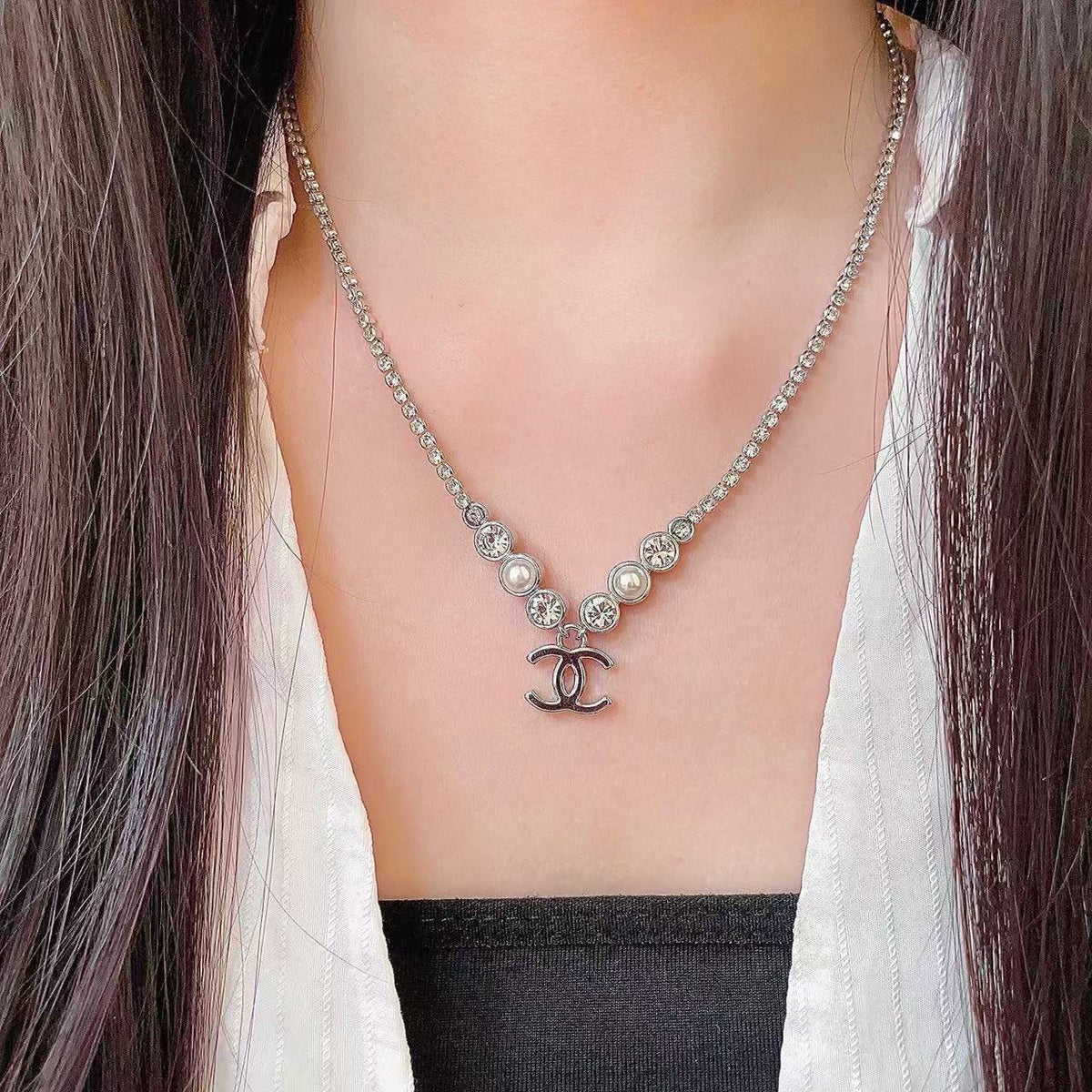 [Veyra Jewelry]Double C Necklace with Pearls & Cubic Zirconia