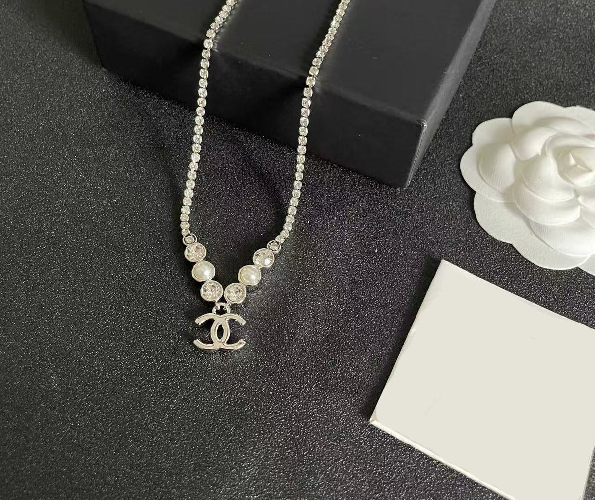 [Veyra Jewelry]Double C Necklace with Pearls & Cubic Zirconia