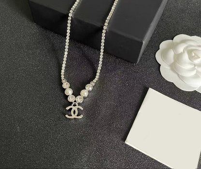 [Veyra Jewelry]Double C Necklace with Pearls & Cubic Zirconia