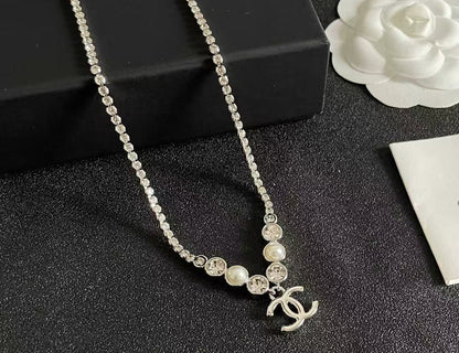 [Veyra Jewelry]Double C Necklace with Pearls & Cubic Zirconia
