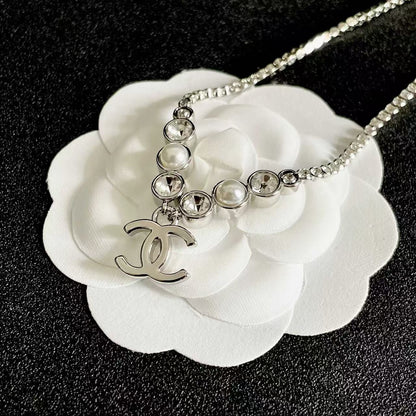 [Veyra Jewelry]Double C Necklace with Pearls & Cubic Zirconia