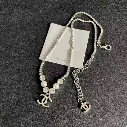 [Veyra Jewelry]Double C Necklace with Pearls & Cubic Zirconia