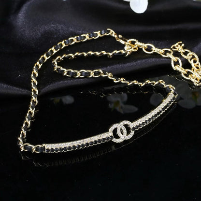 [Veyra Jewelry]Black Leather Interwoven Crystal CC Choker Necklace