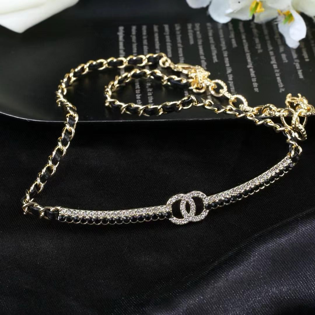 [Veyra Jewelry]Black Leather Interwoven Crystal CC Choker Necklace