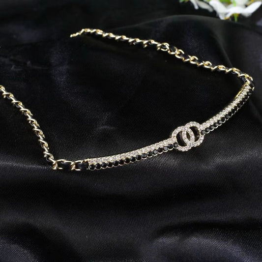 [Veyra Jewelry]Black Leather Interwoven Crystal CC Choker Necklace