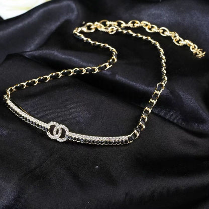[Veyra Jewelry]Black Leather Interwoven Crystal CC Choker Necklace