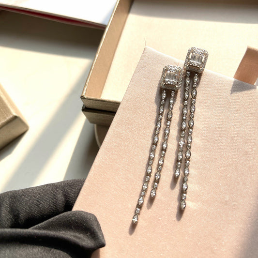 [Veyra Jewelry] Alix Long Drop Earrings, White Gold with Diamonds