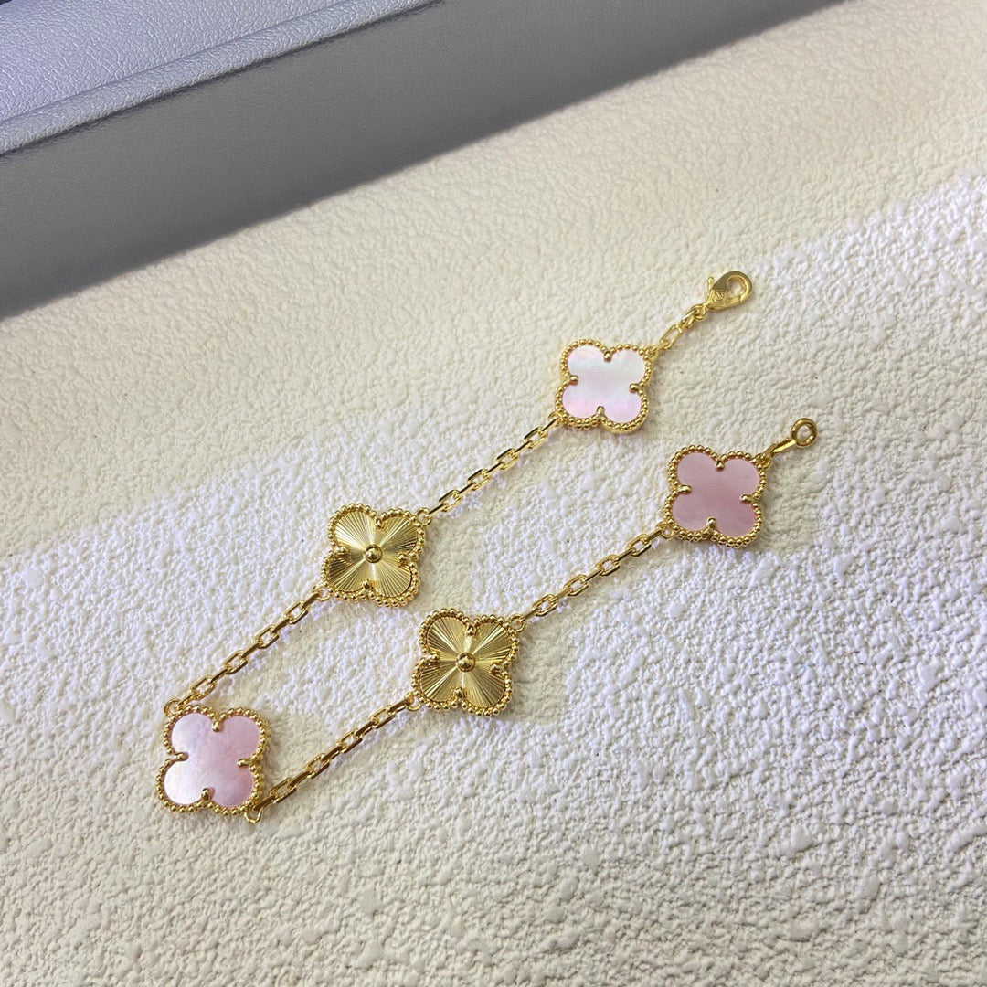 [Veyra Jewelry]Vintage Alhambra Pink MOP & Guilloché 5‑Flower Bracelet