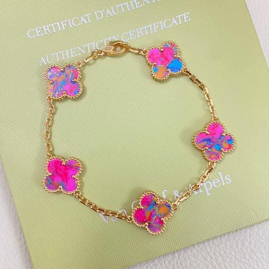 [Veyra Jewelry]Vintage Alhambra 5‑Flower Bracelet, Pink‑Blue Iridescent Opal Gold‑Tone