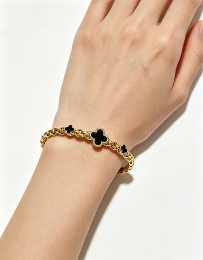 ¡®Veyra Jewelry¡¯Vintage Alhambra 3‑Flower Open Cuff, Black Onyx Gold‑Tone Chain Bangle